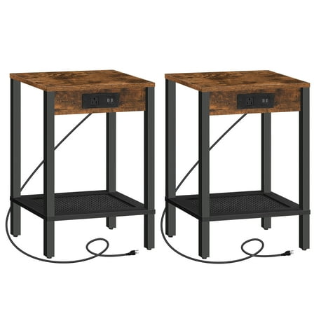 HOOBRO Side Table with Charging Station, Set of 2 End Tables with USB Ports and Outlet, Nightstand with 2-Tier Storage Shelf, for Living Room, Bedroom, Small Space, Rustic Brown and Black BF91UBZP201