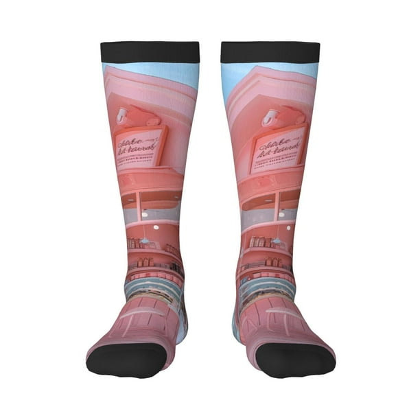Fotbe Pastel Pink Beach Cafe Calcetas Divertidas Estampadas para Hombre y Mujer, Calcetas de Algodón hasta la Rodilla para Caminar, Correr, Enfermería y Embarazo