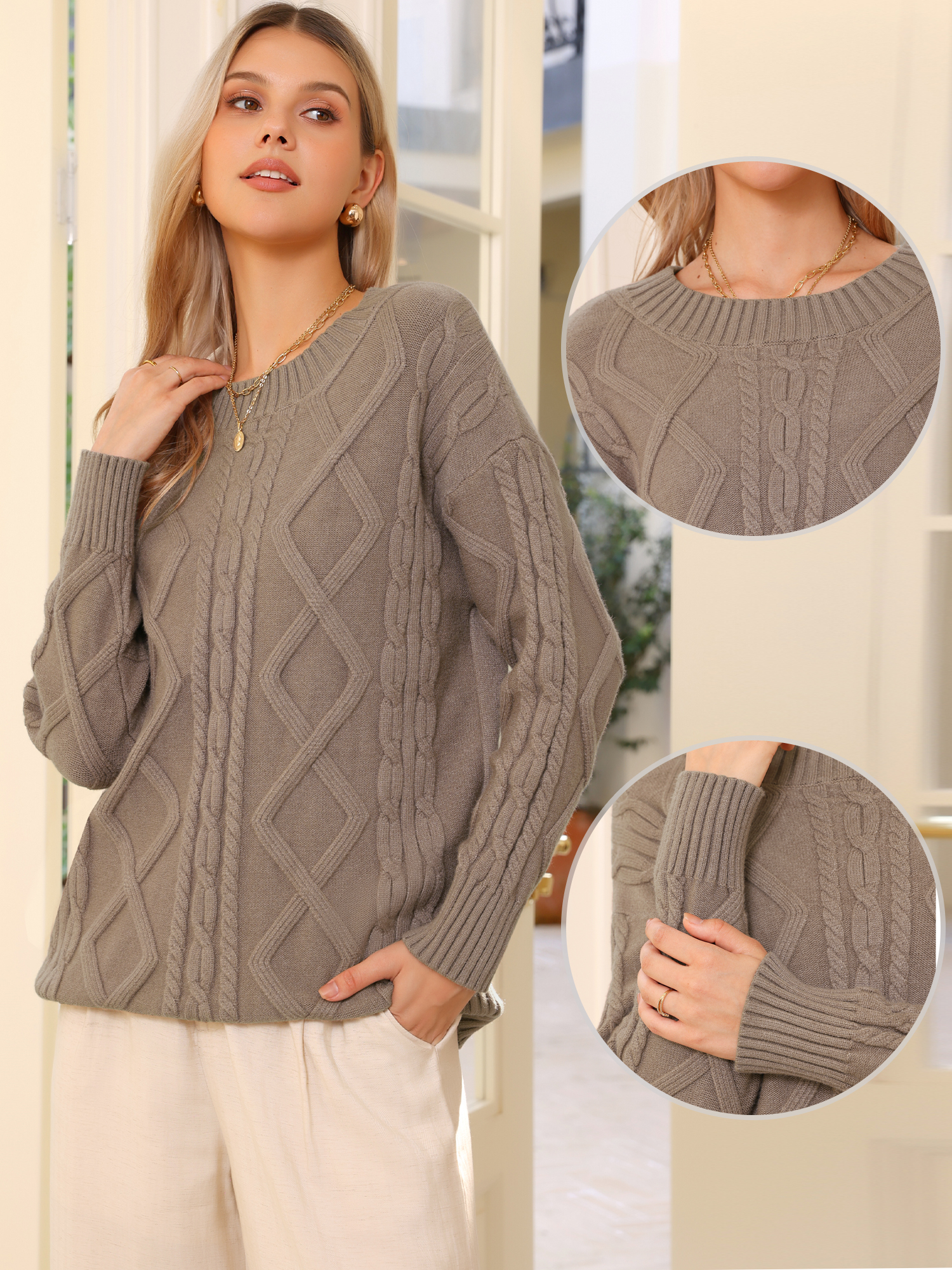 DARING DIVA Crewneck Fall Chunky Cable Knit Pullover Sweater XS Light Brown