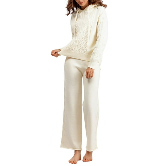 Women's Autumn Winter 2-Piece Knitted Set - Hoodie Wide Leg Pants, Solid Color, Elastic Waist, One Size