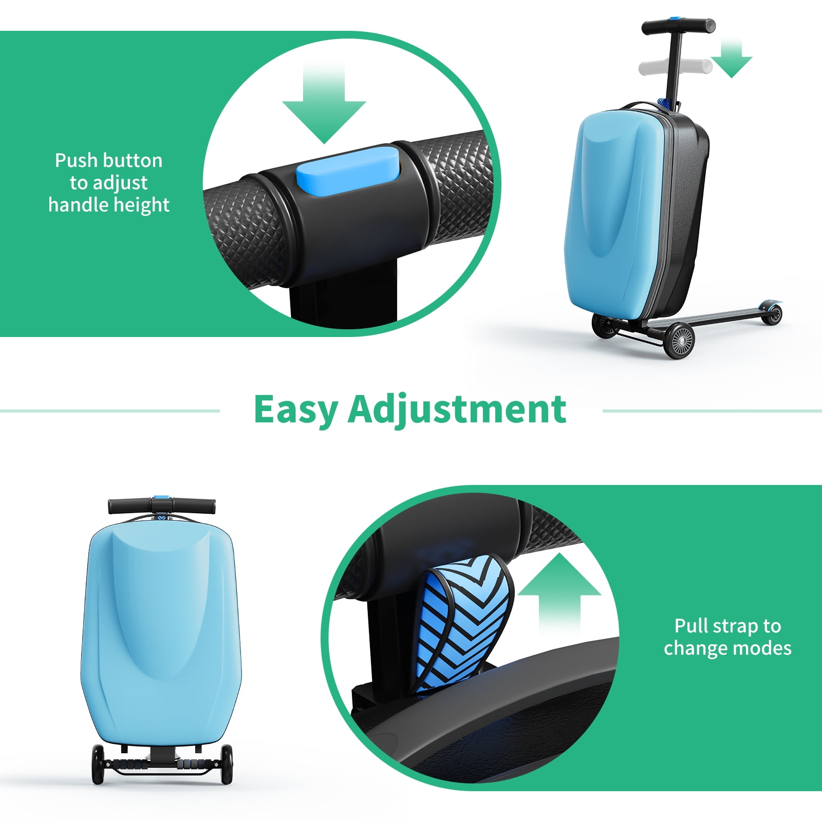 TABU Scooter Luggage for Kids & Adults, Carry on Luggage with Wheels for Kids Ages 6-15,Blue