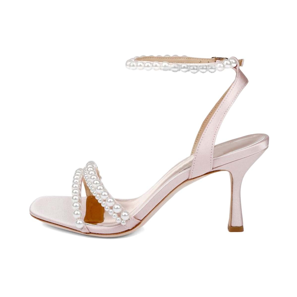 Offen【Reborn project】ROSE-pointed /WHITE XYD Women's Pearl Kitten Heel Open Toe Sandals Silk Satin