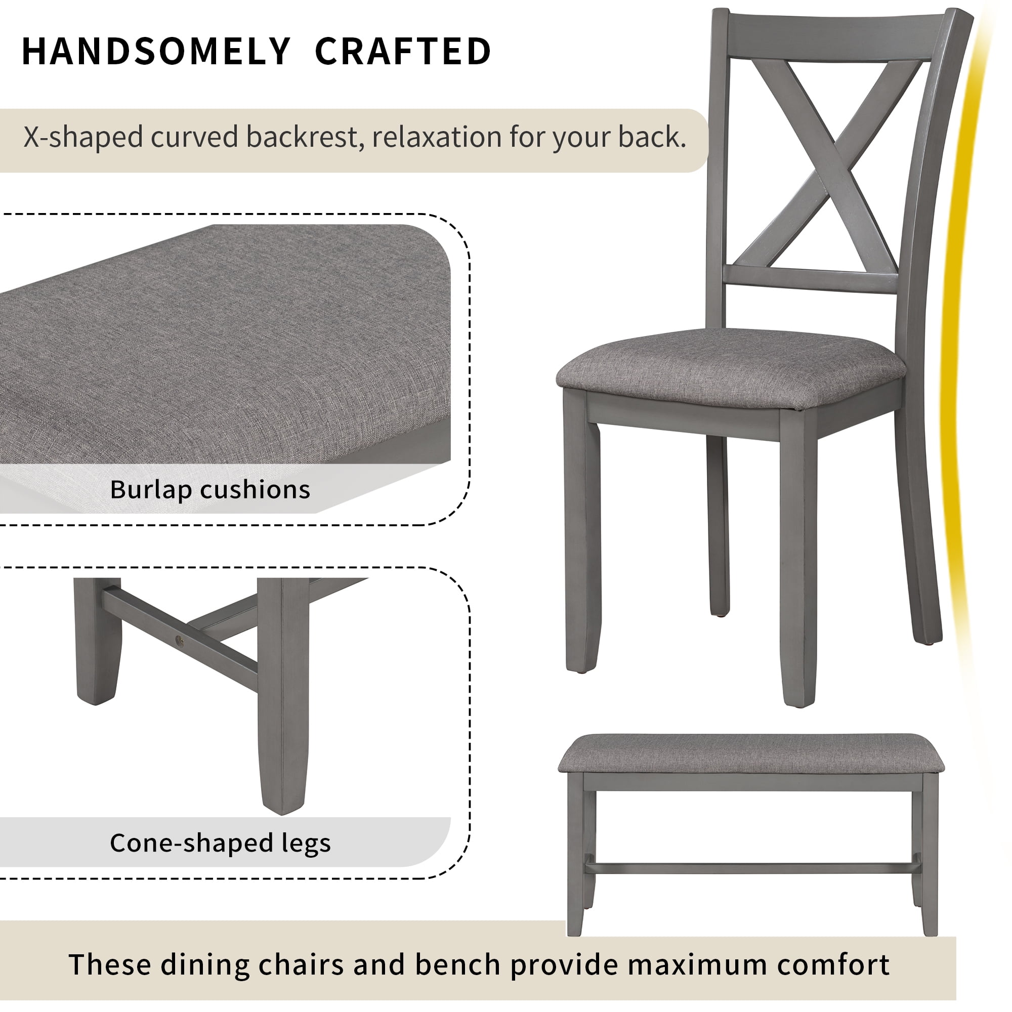 Howcool 6-Piece Kitchen Dining Set, Rectangular Wood Table, 4 Fabric Chairs & Bench, Gray