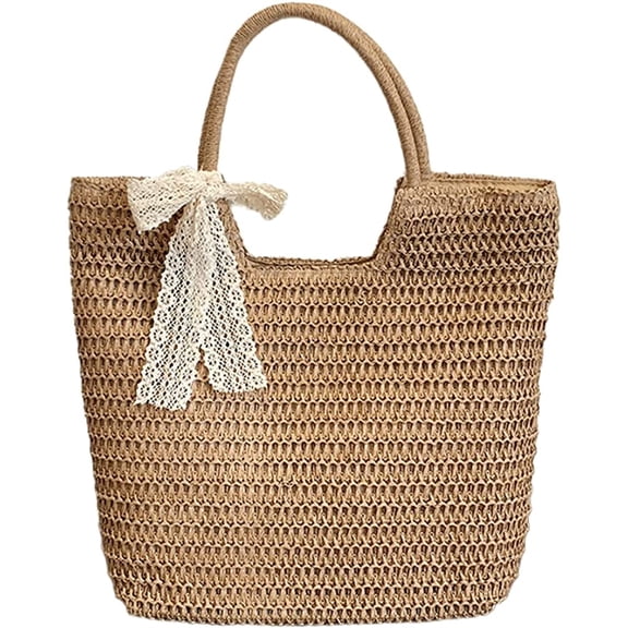 CoCopeaunts Women Straw Bags Summer Large Beach Tote Bag Handmade Woven Shoulder Bag Handbag for Daily Travel Vacation