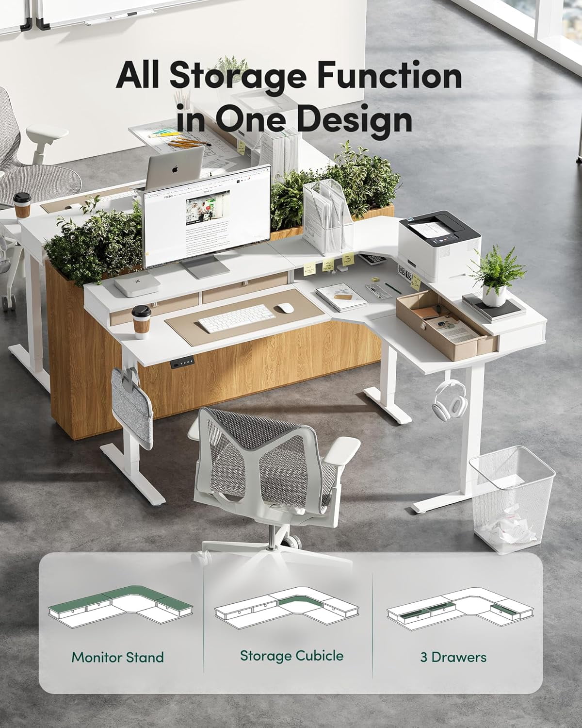 DESINO L Shaped Standing Desk, 63 inch Electric Height Adjustable Home Office Desk with Drawers, Large Ergonomic Computer Desk with Reversible Tabletop, 2 Memory Height Settings, White