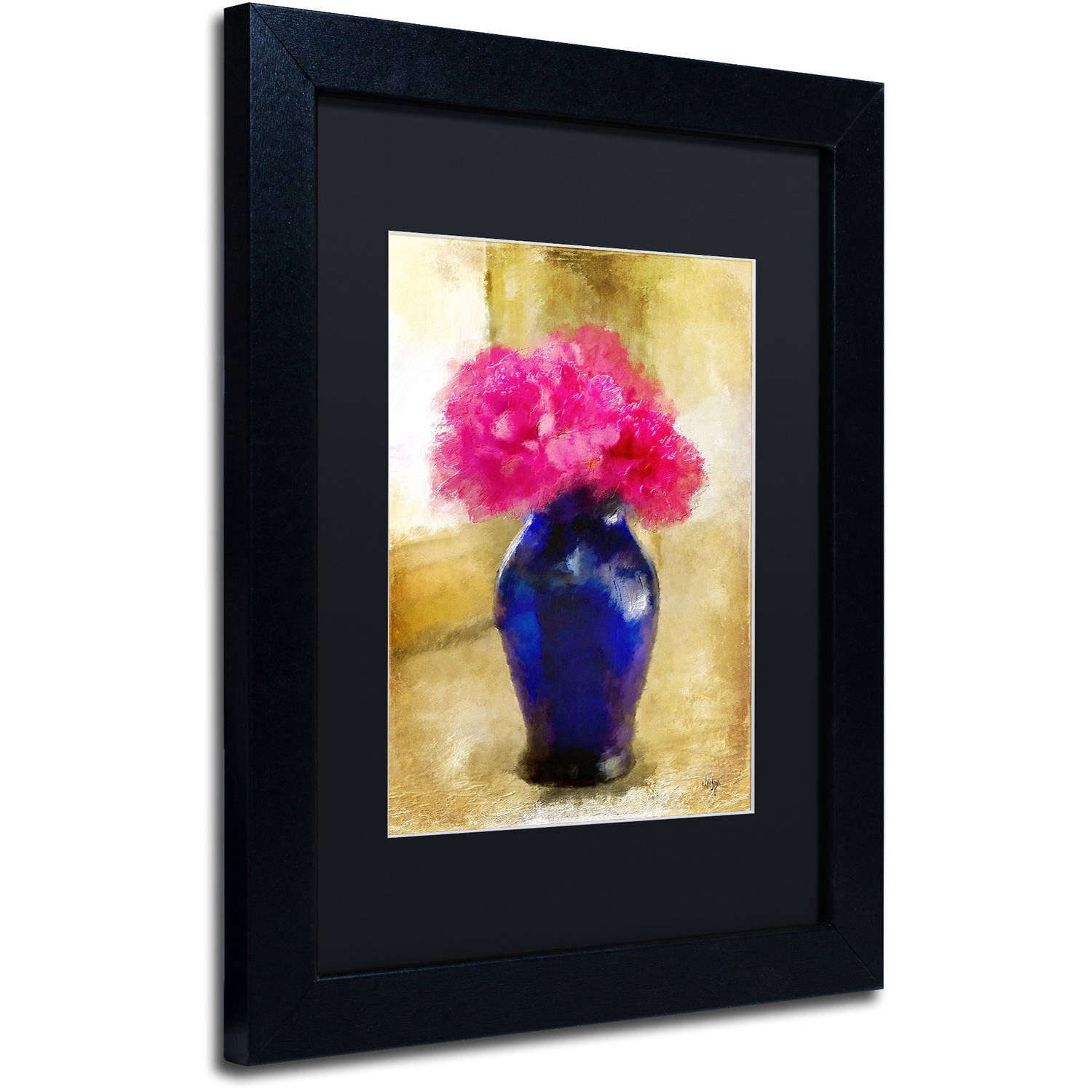Trademark Fine Art "Pink Carnations in Cobalt Blue Vase" Canvas Art by Lois Bryan Black Matte, Black Frame