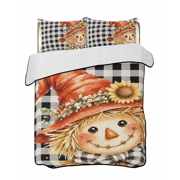 Quilts Queen Size Bedding Set, Thanksgiving Reversible Summer Quilt 3 Pieces, Fall Scarecrows Sunflowers Black Check Lightweight Bedspreads Coverlets with 2 Pillow Shams for All Seasons