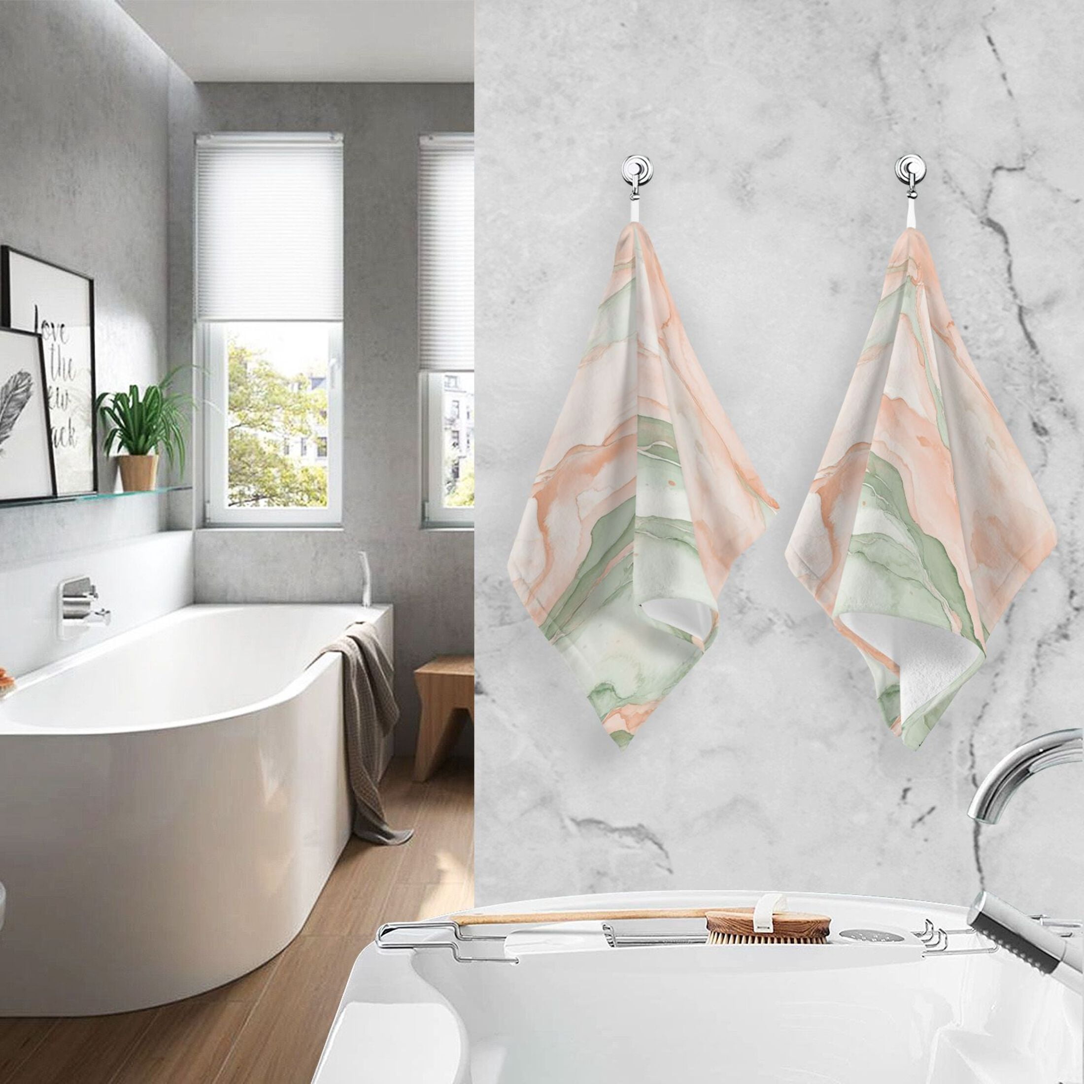 2 Pcs Absorbent Face Towel Bath Hand Towels Soft Breathable Cotton Towel Set for Bathroom Kitchen Hotel Spa Decor Watercolor Marble Pattern