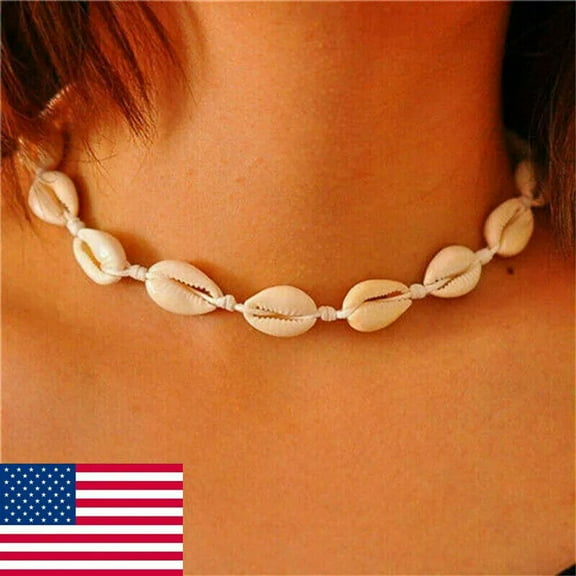 EOEMY Handmade White Rope Sea Shell Cowrie Beads Beach Choker Pendant Necklace Gift .