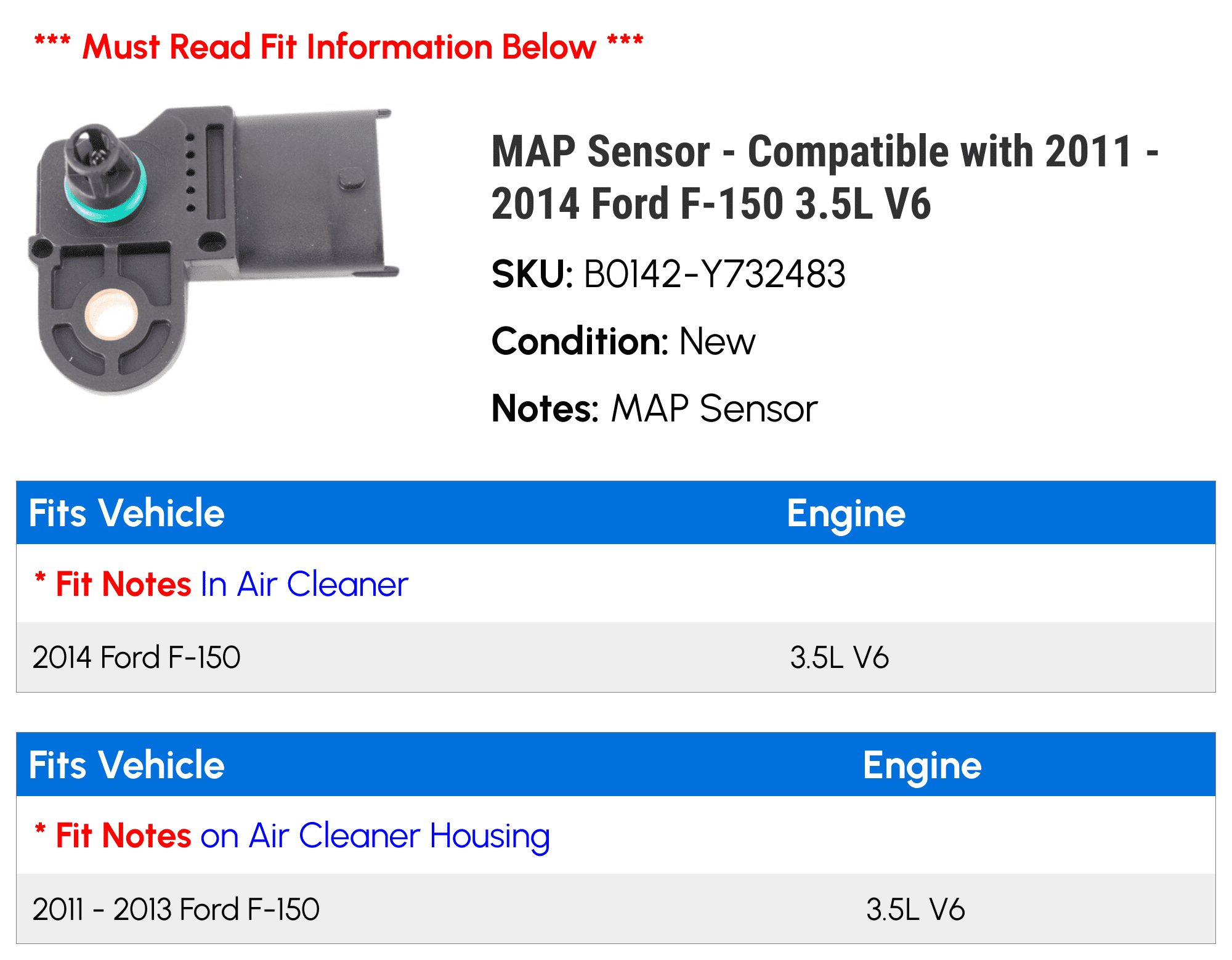 MAP Sensor - Compatible with 2011 - 2014 Ford F-150 3.5L V6 2012 2013