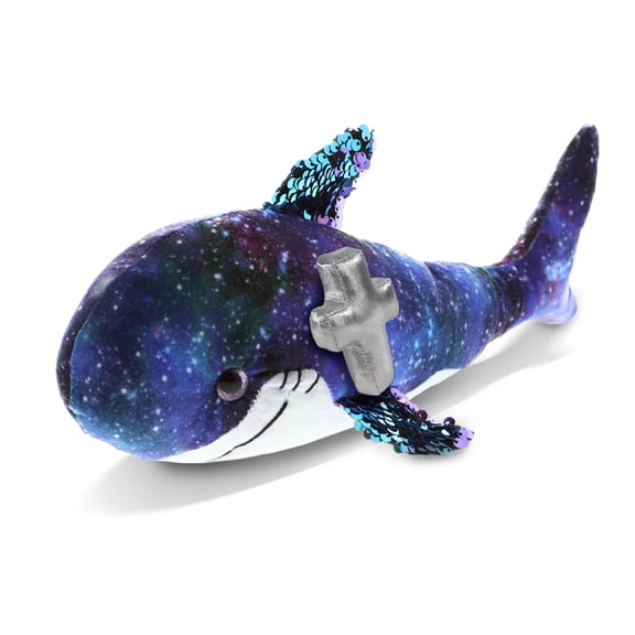 DolliBu Space Sequin Purple Shark Stuffed Animal with Silver Cross Plush - Religious Baptism Gifts for Boys and Girls, Dedication Christening Gifts Plush Prayer Toy Healing Stuffed Animal - 12 Inches