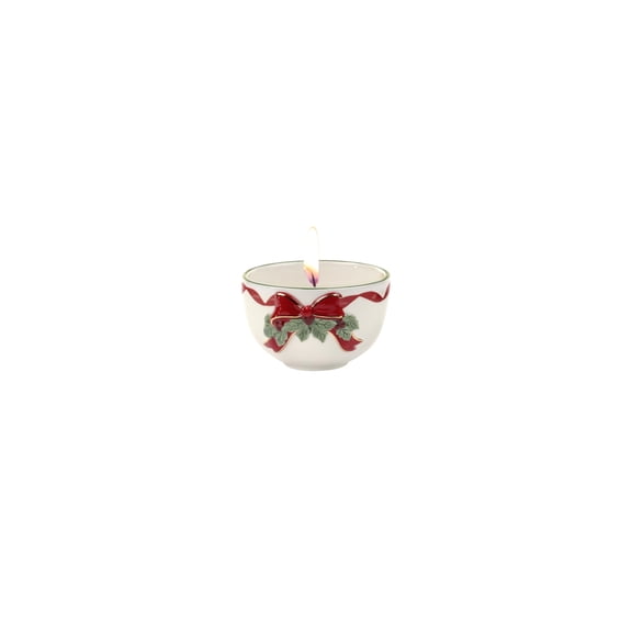 Spode Christmas Tree Ribbons Tea Light Candle Holder, 22K Gold Accents on Fine Earthenware, 3.75" Votive Candle Holder & Festive Holiday Decor - Ideal for Christmas Table Centerpieces
