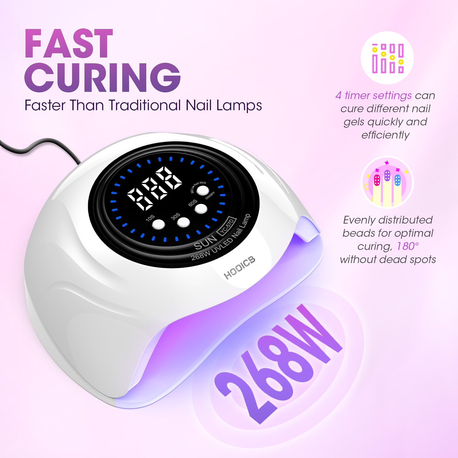 HOOICB UV LED Nail Lamp, 268W Nail Light for Gel Polish, 4 Timers, 57 Lamp Beads and Automatic Sensor for Manicure Salon and Home