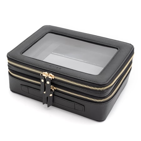 Xl Clear Makeup Organizer Double Layer Travel Case With Brush Holder & Zippered Compartments Big Toiletry Bag For Accessories 2 Layers Large Black