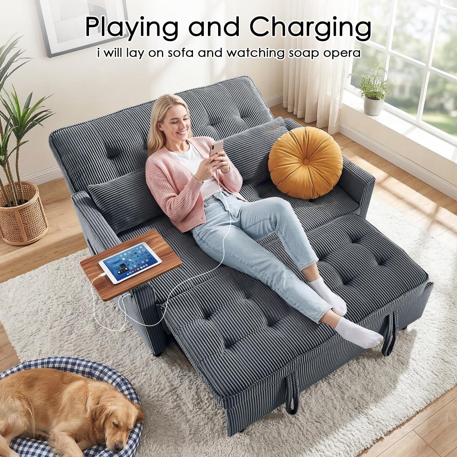 54" Sleeper Sofa Bed, Convertible Pull Out Couch Futon with Side Table, USB Charging Port, Corduroy Fabric, Adjustable Backrest Sofa Bed for Apartment Office, Dark Gray