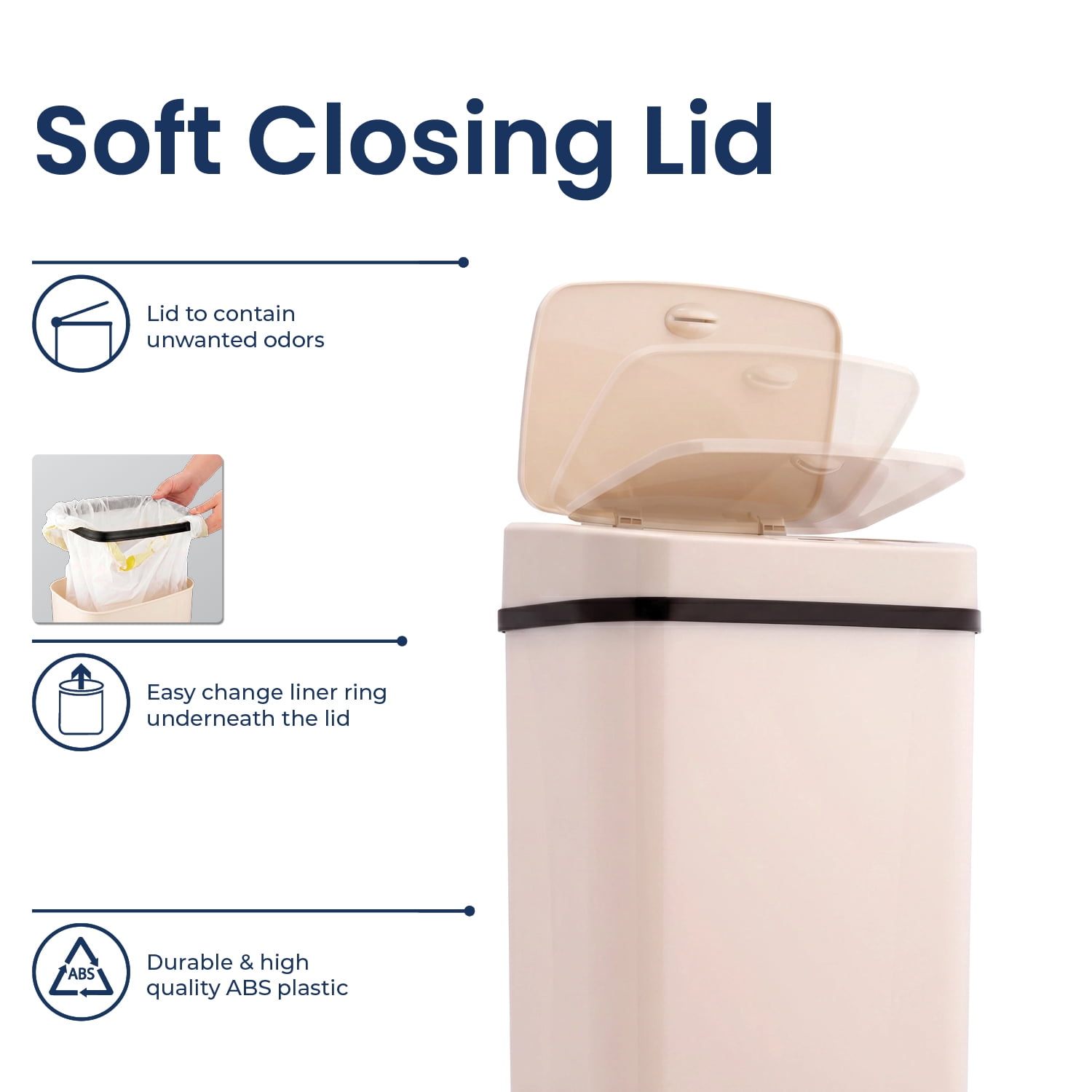 Nine Stars Automatic Bathroom Trash Can, 3.2 Gallon Plastic Motion Sensor Garbage Bin with Soft Close Lid, Cream