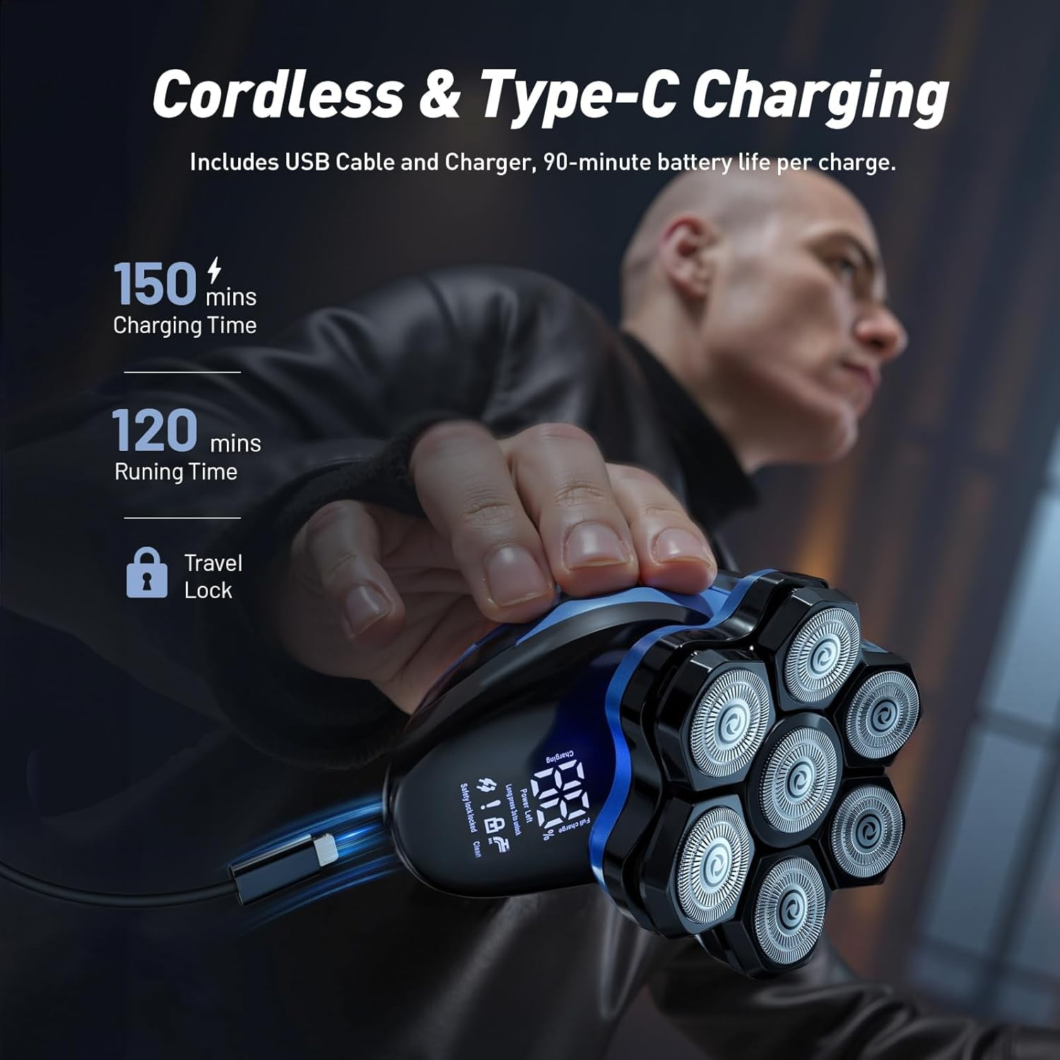 Nogroa Head Shavers for Bald Men, Upgraded Magnetic Detachable Electric Razor, 7D Rotary Shaver, IPX6 Waterproof Wet/Dry Hair Beard Trimmer, Grooming Shaving Kit with LED Display&Type-C Fast Charging