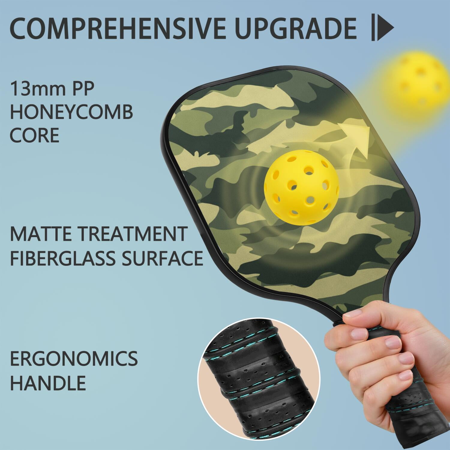 Pickleball Paddles Set Of 1, Fiberglass Surface, Camouflage Print, 1 Paddle, 2 Balls & Bag