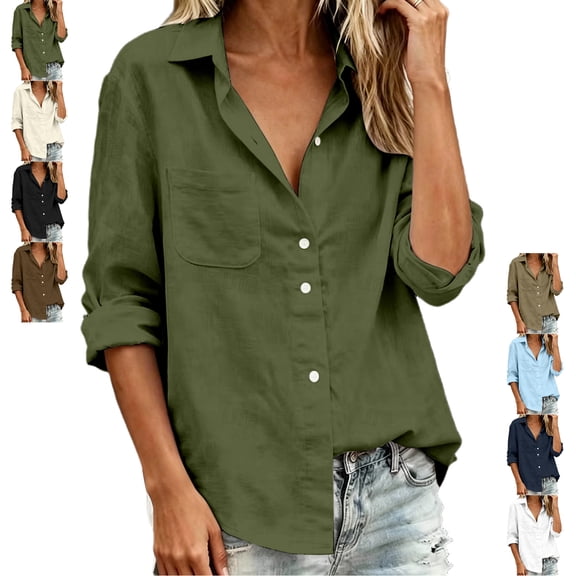 TGSLY Women's Button-Down Shirts Lightweight Soft Collared Solid Color Cotton Blouses Dressy Casual Roll Tab Long Sleeve Tops with Chest Pocket XXXL