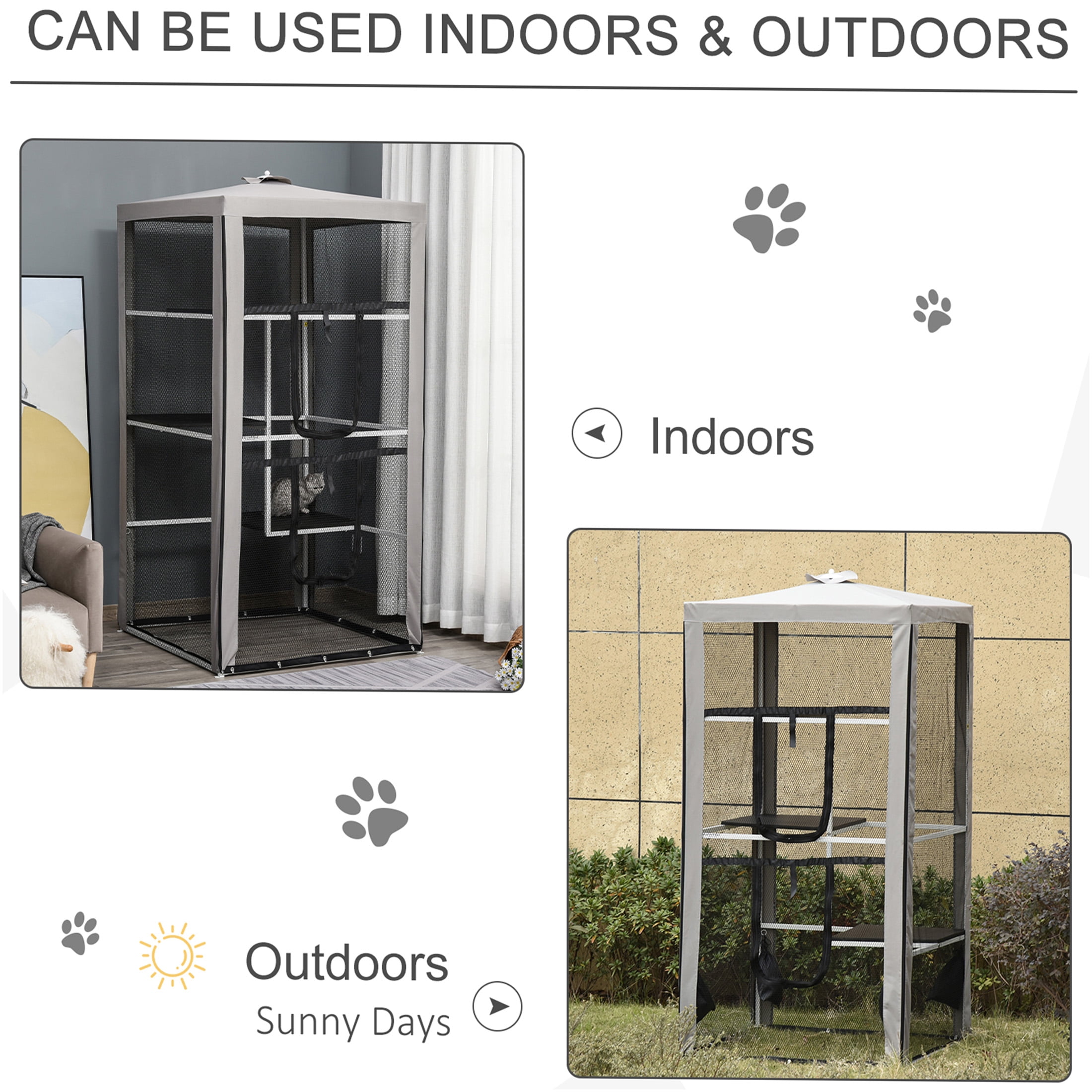 JERFIT Large Outdoor Cat Enclosure with 3 Platforms, Grey Metal Indoor Outdoor Cat Playpen Cage for Multiple Cats, Heavy Duty Catio with Zippered Door