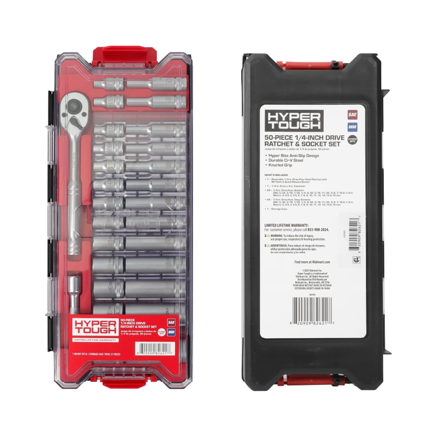 Hyper Tough 1/4-Inch Drive Ratchet and Socket Set, SAE and Metric, 50 Pieces