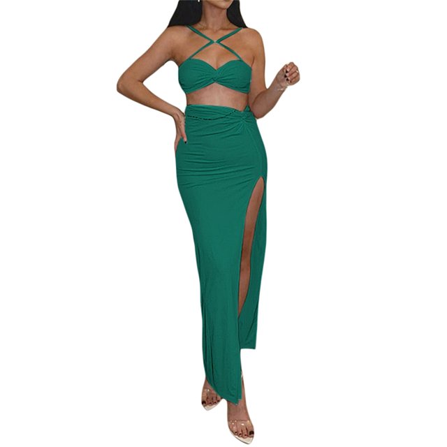 VISgogo Conjunto de 2 piezas de verano para mujer, blusas cortas con tiras y cuello cruzado de color sólido + conjunto de falda a media pierna con abertura en el muslo, S/M/L VISgogo moda
