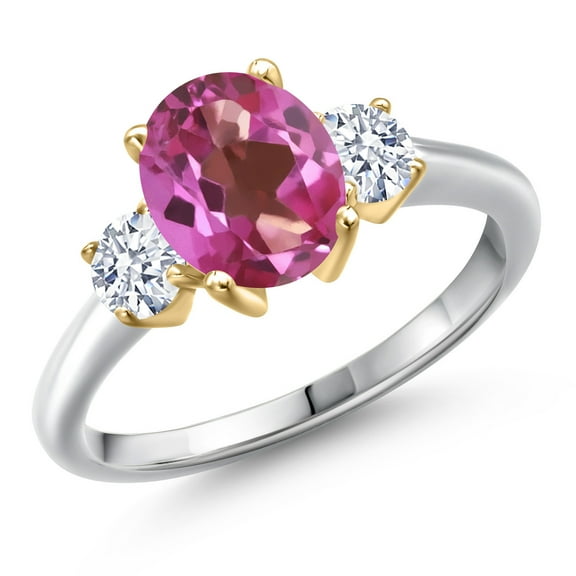 Gem Stone King 925 Silver and 10K Yellow Gold Pink Mystic Topaz and White Zirconia Engagement Ring for Women | 2.70 Cttw | Oval 9X7MM | Gemstone November Birthstone | Size 8