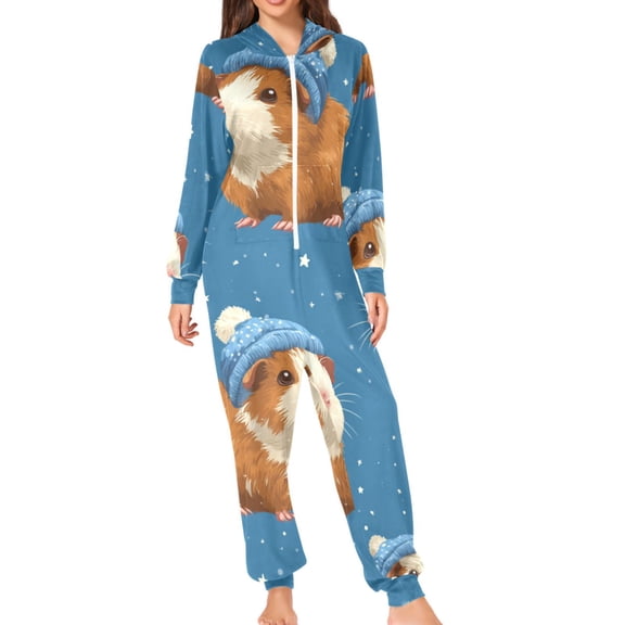 Guinea Pigs in Christmas Adult's Hoodie Onesie Jumpsuit One-Piece Pajamas with Zipper Unisex for Holiday S
