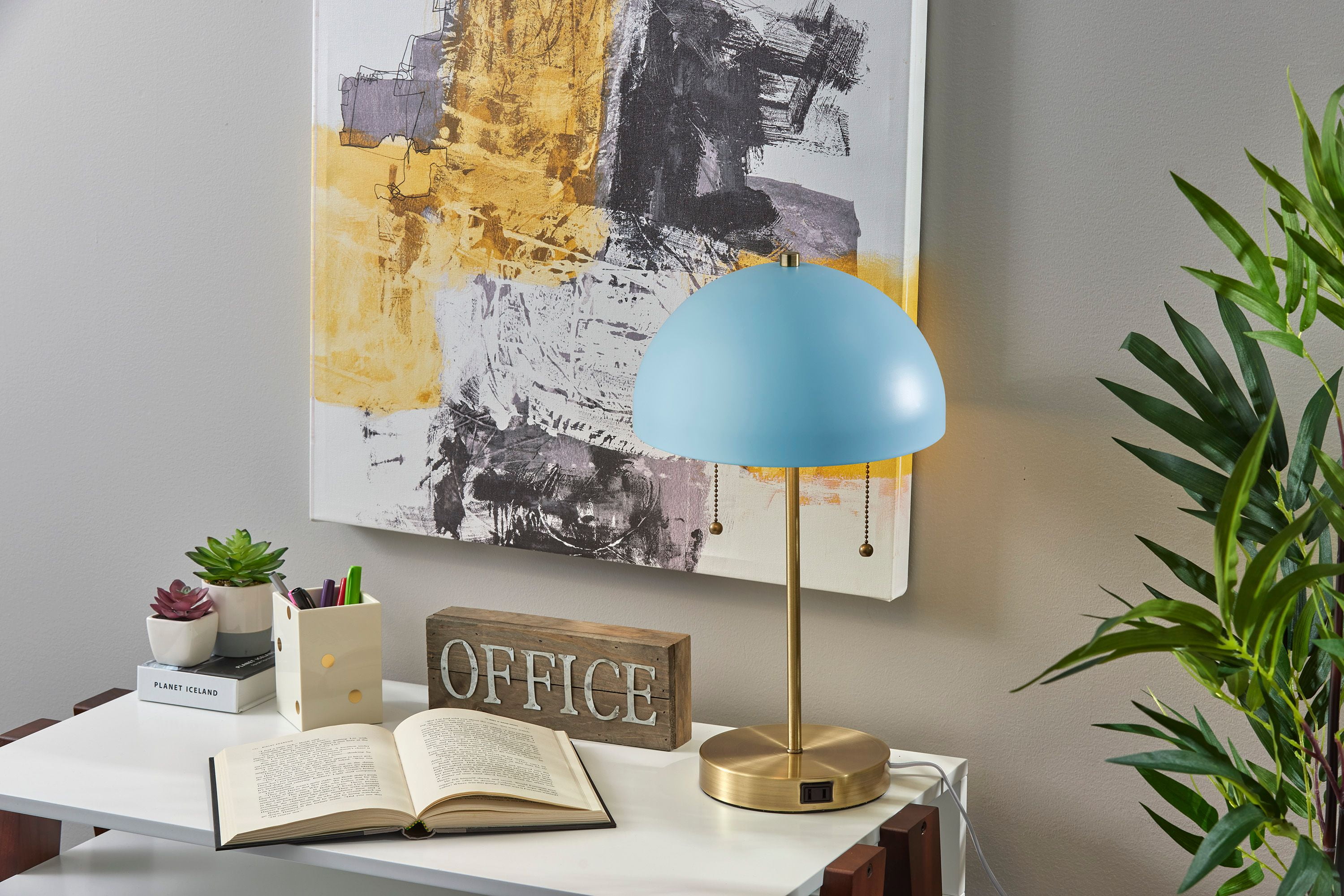 Adesso Bowie Table Lamp, Antique Brass & Light Blue, Electronic, Painted Blue Metal Shade