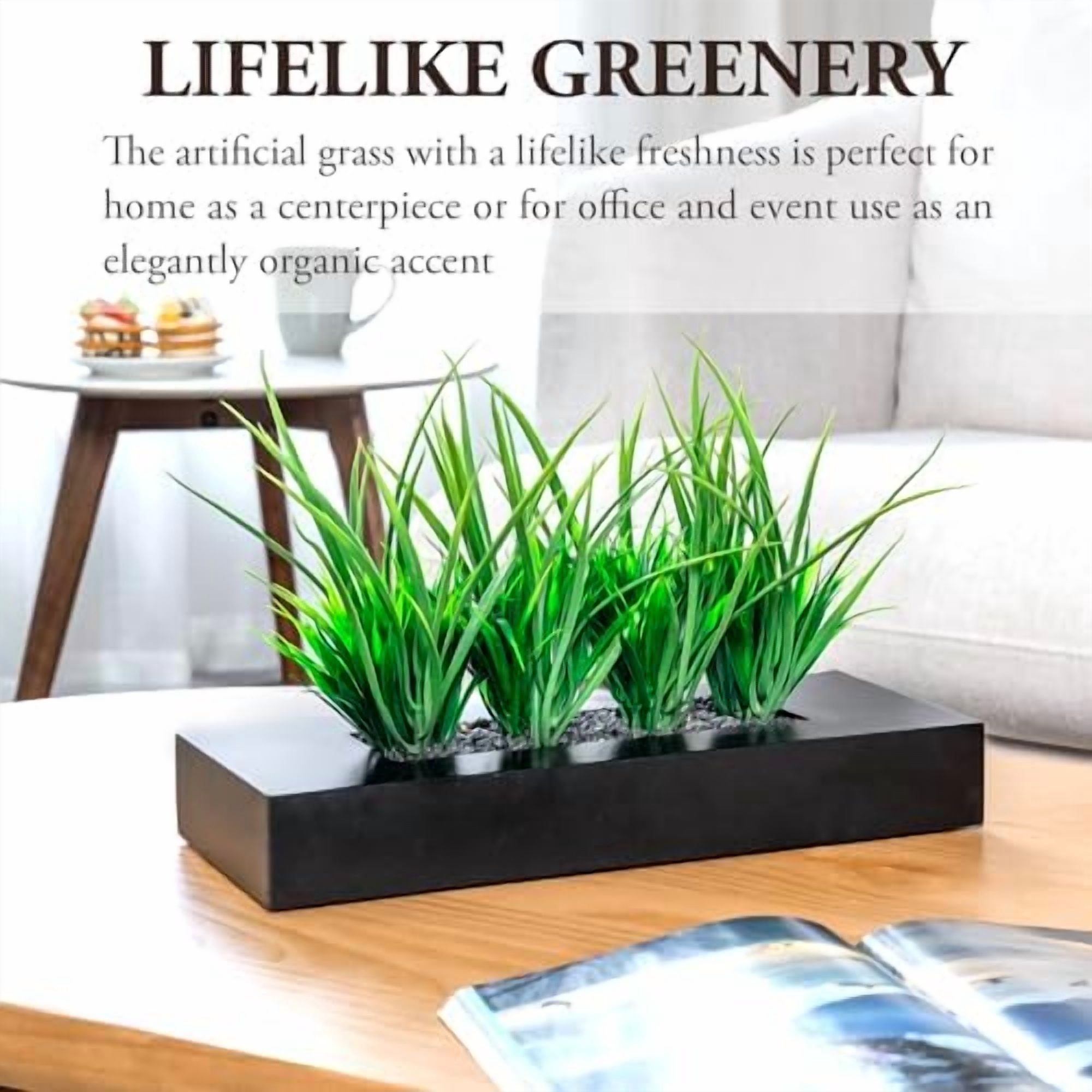 Large Artificial Green Grass Plants Potted in 14-Inch Matte Black Wood Decorative Planter, Tabletop Faux Greenery in Wooden Rectangular Pot Centerpiece Décor