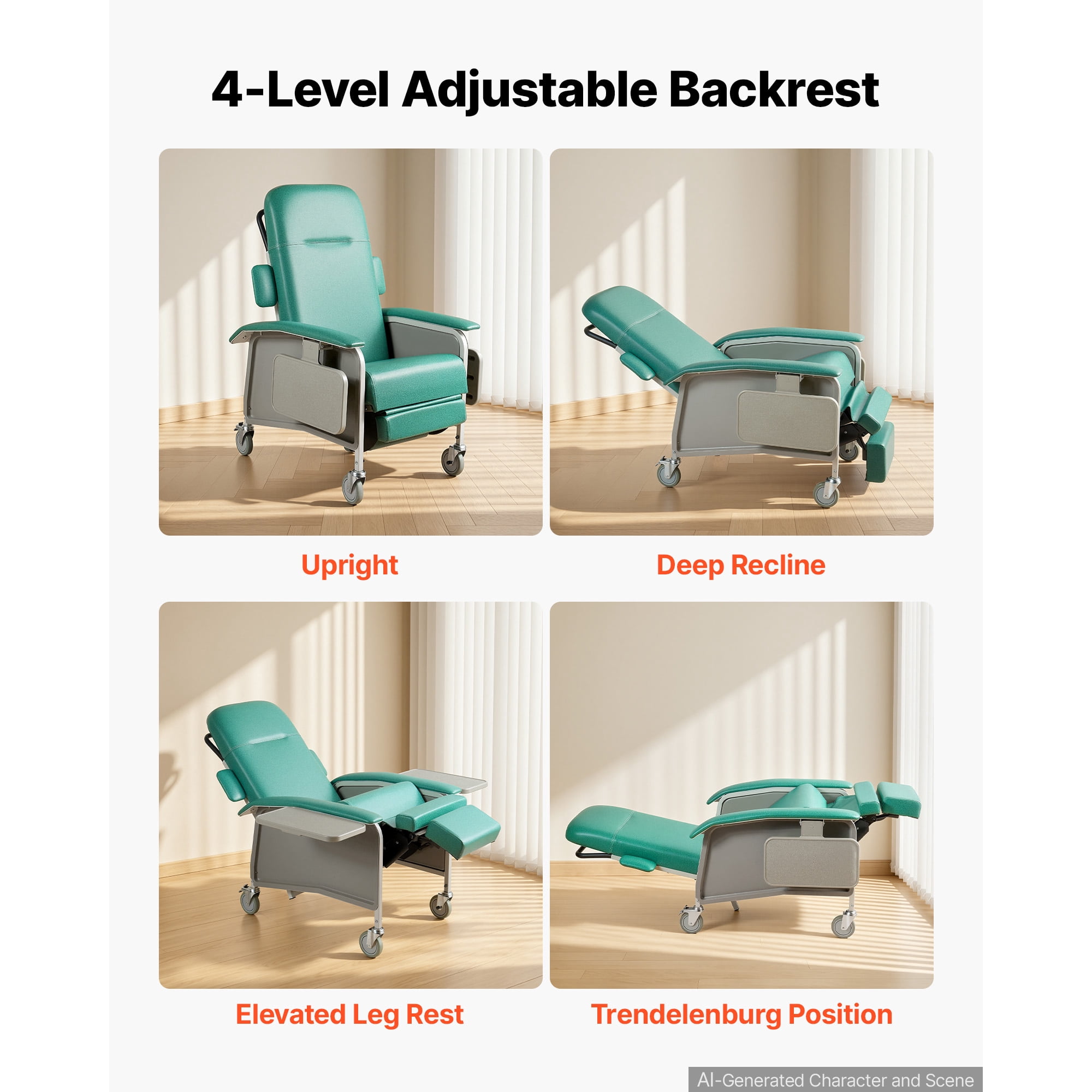 KFFKFF 4-Position Reclining Medical Chair, 500 lbs Capacity, Adjustable Geri Chair with Wheels, Padded Seat, and Trays for Healthcare Facilities and Home Care