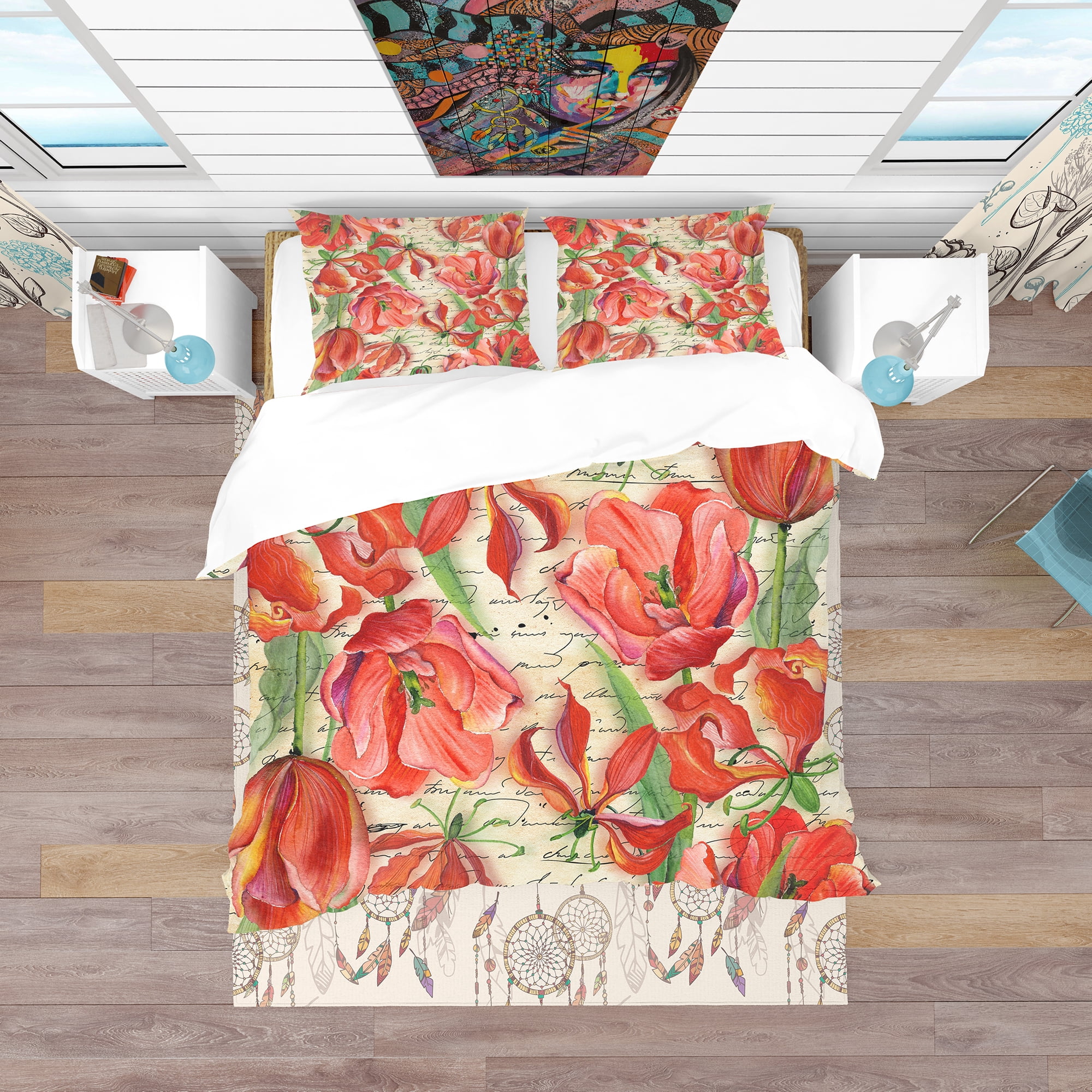 Designart 'Red Flower Pattern' Vintage Duvet Cover Set