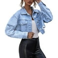 thumbnail image 2 of BOOMILK Cropped Denim Jackets for Women Trendy Long Sleeve Single Breasted Jean Jacket, 2 of 9