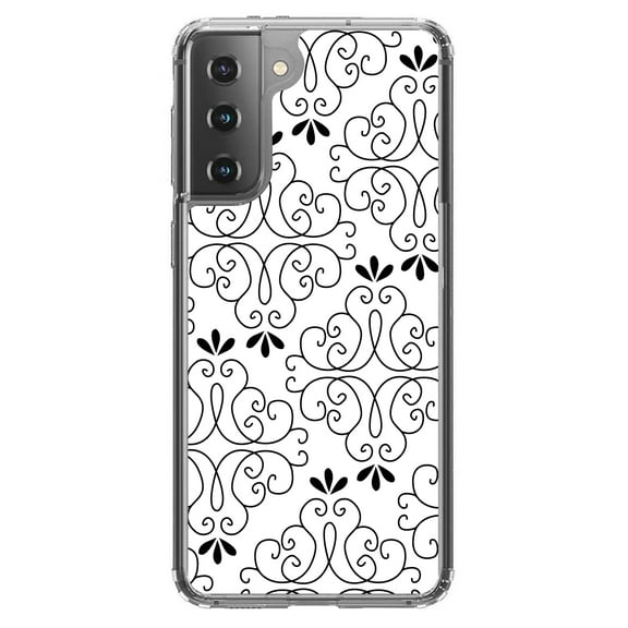 DistinctInk Clear Shockproof Hybrid Case for Galaxy S21 5G (6.2" Screen) - TPU Bumper, Acrylic Back, Tempered Glass Screen Protector - Black White Floral Pattern