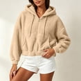 thumbnail image 5 of ZunFeo Womens Oversized Cropped Sherpa Fleece Jacket - Zip-Up Hooded Fuzzy Coat, Khaki,Size M, 5 of 7