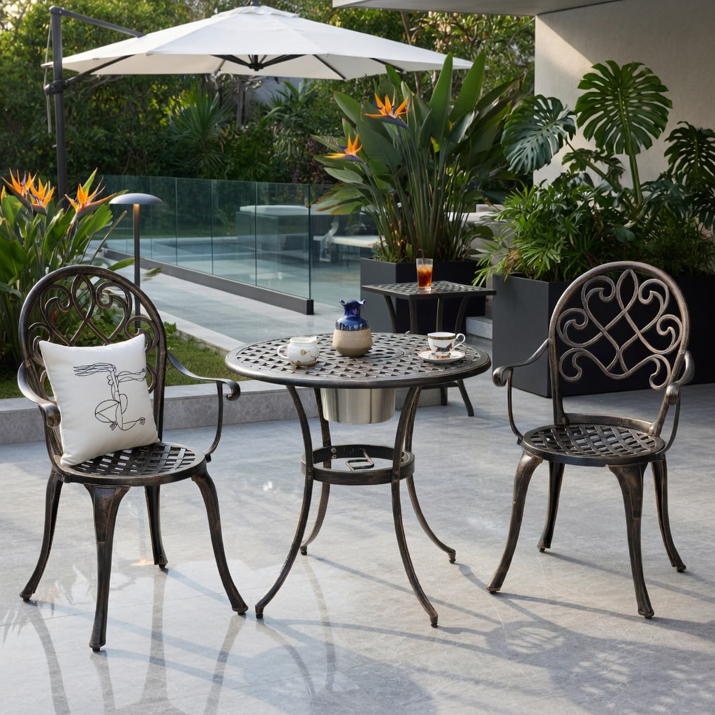 Hommoo 3-Piece Outdoor Bistro Set with Removable Stainless Steel Ice Bucket, Cast Aluminum Patio Table & Chairs for Backyard, Balcony, Poolside, Antique Bronze