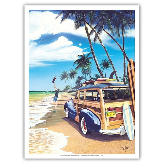 U-n-Me - Retro Woodie on Beach with Surfboards - From an Original Color Painting by Scott Westmoreland - Master Art Print (Unframed) 9in x 12in