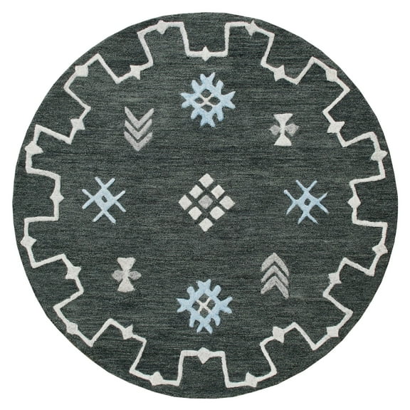 Laddha Home Designs 5' Blue and Black Geometric Hand Hooked Round Wool Area Throw Rug