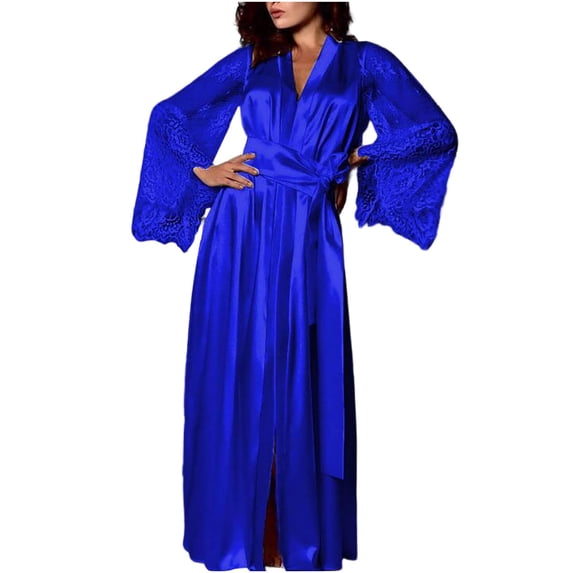 qolati Silk Satin Robes for Women Plus Size Nightdress Lace Long Sleeve Bathrobe with Belt Sleepwear for Bridal Bridesmaid Robe, Size, S-5XL