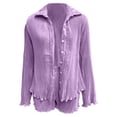 thumbnail image 5 of Women's 2 Piece Shorts Sets Pleated Button Down Long Sleeve Solid Color Shirt Outfits Summer Hawaiian Beach Vacation Loose Suits, 5 of 5