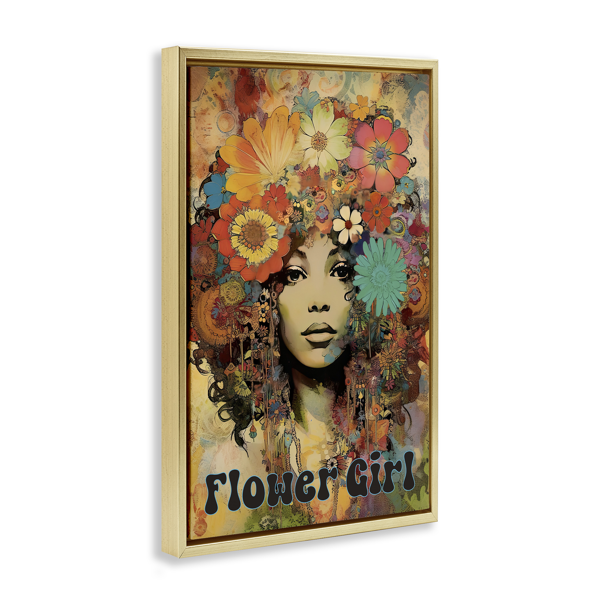 Bohemian Flower Girl Gold Framed Floater Canvas Wall Art, design by Sasha