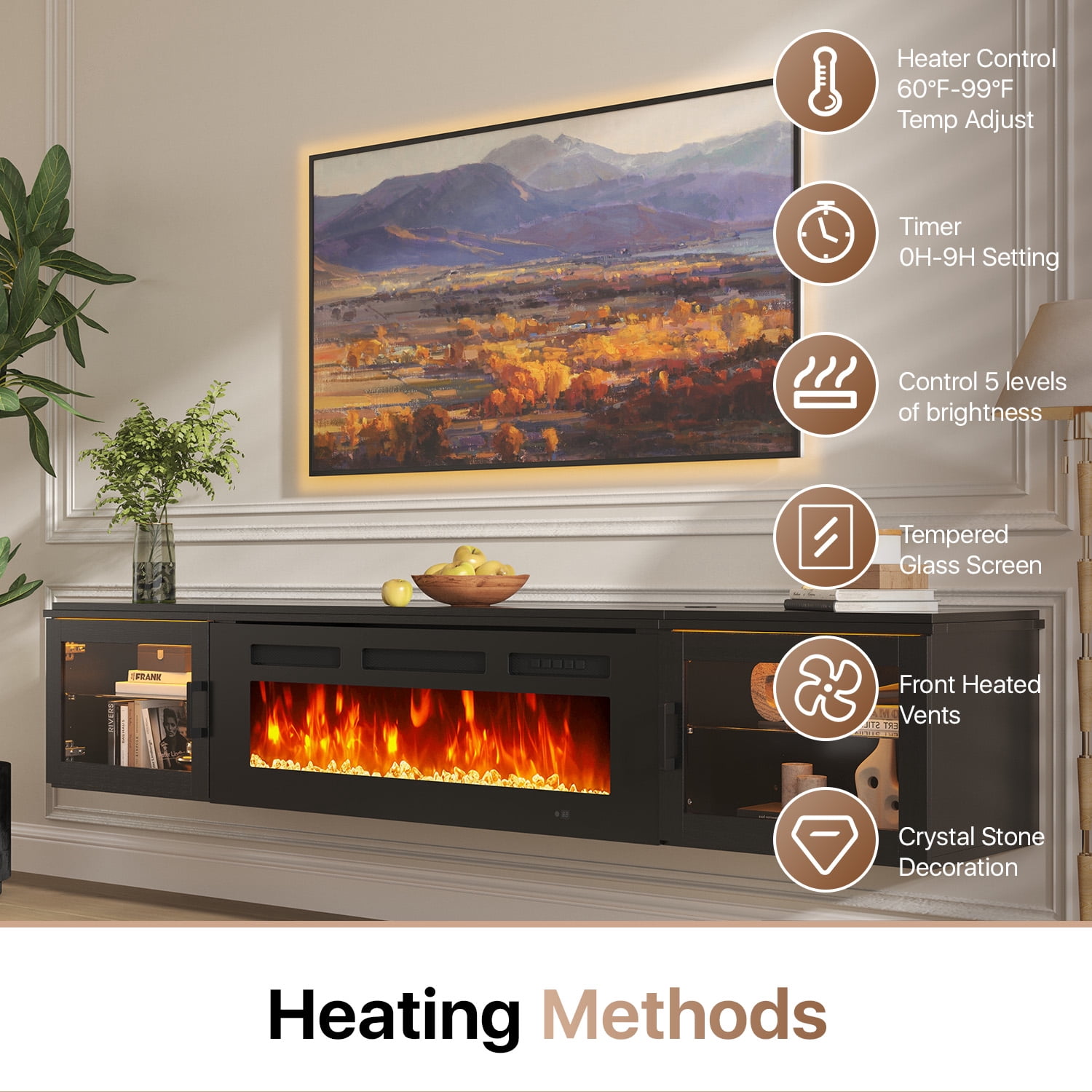 Sonegra 70" Floating TV Stand with 36" Electric Fireplace, High Gloss Finish Wall Mounted Fireplace Entertainment Center with Storage for TVs Up to 80", Black