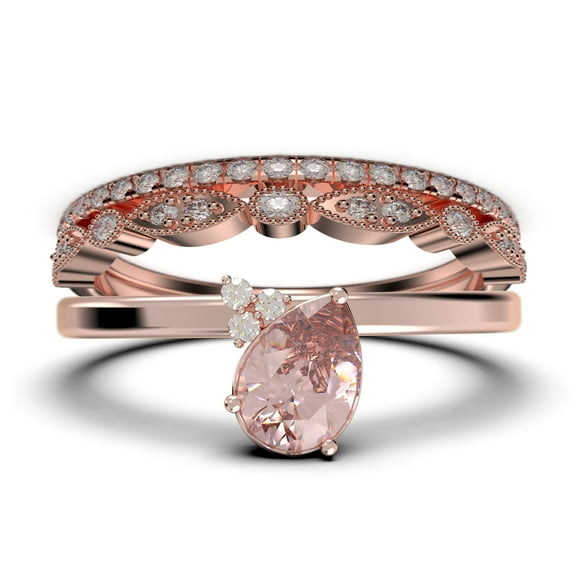 Gorgeous Minimalist 2.15 Carat Pear Cut Classic Morganite And Diamond Moissanite Engagement Ring, Wedding Ring, Two Matching Band in 925 Sterling Silver With 18k Rose Gold Plating, Gift For Her