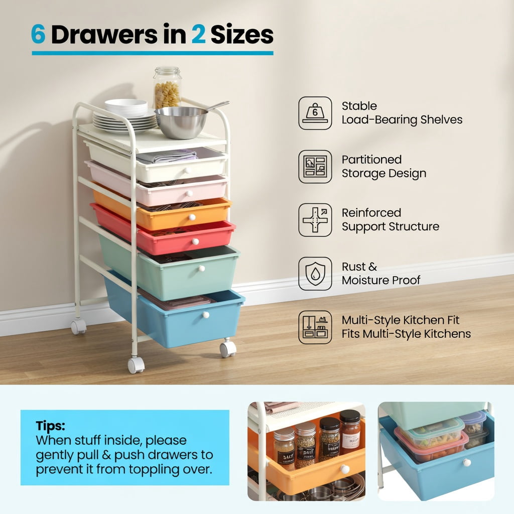 Spaco 6 Drawers Rolling Storage Cart Organizer-Macaron, Craft Organizers and Storage, Multipurpose Organizer Cart for Home, Office, School