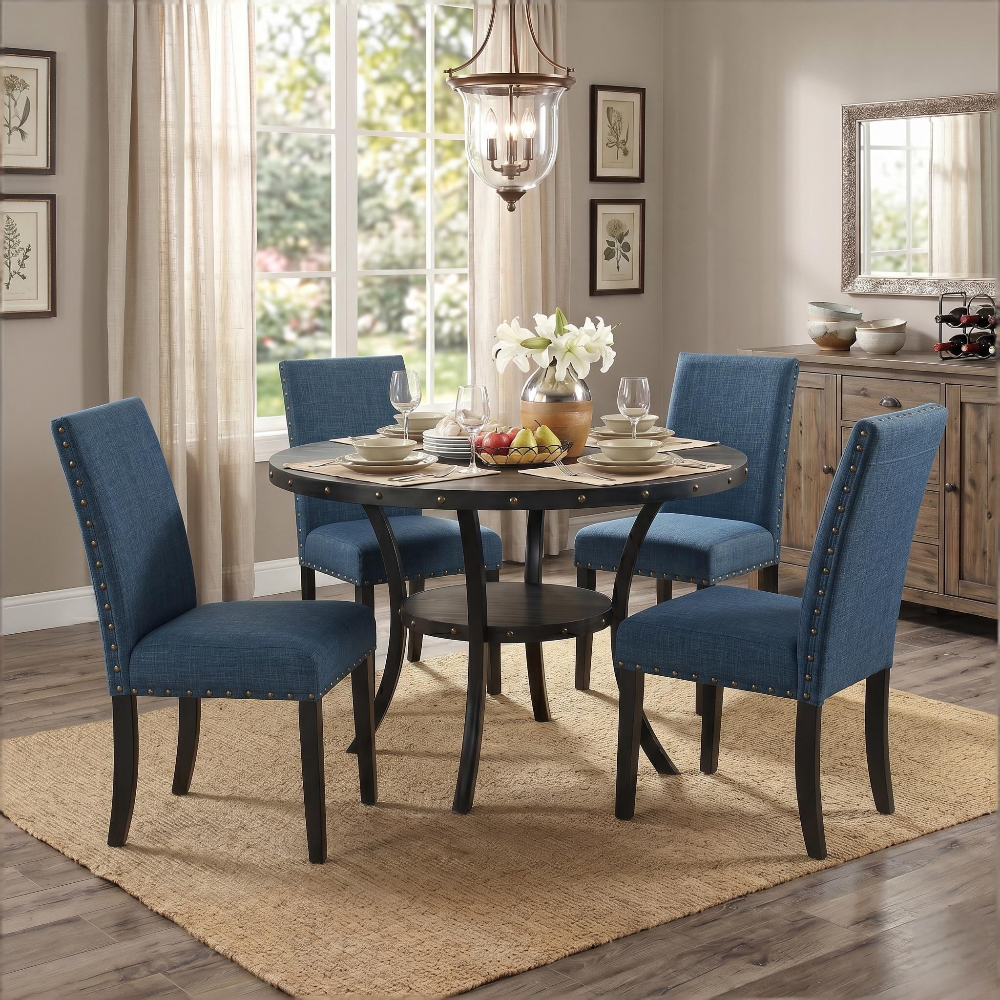 Howcool 5-Piece Espresso Wood Round Dining Set, 4 Upholstered Fabric Nailhead Trim Chairs with Lower Storage Shelf for Kitchen & Dining Room