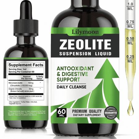 Lilymoon Micronized Zeolite Liquid Drops with Organic Chlorella for Daily Cleanse and Digestive Support, 60ml Suspension Liquid