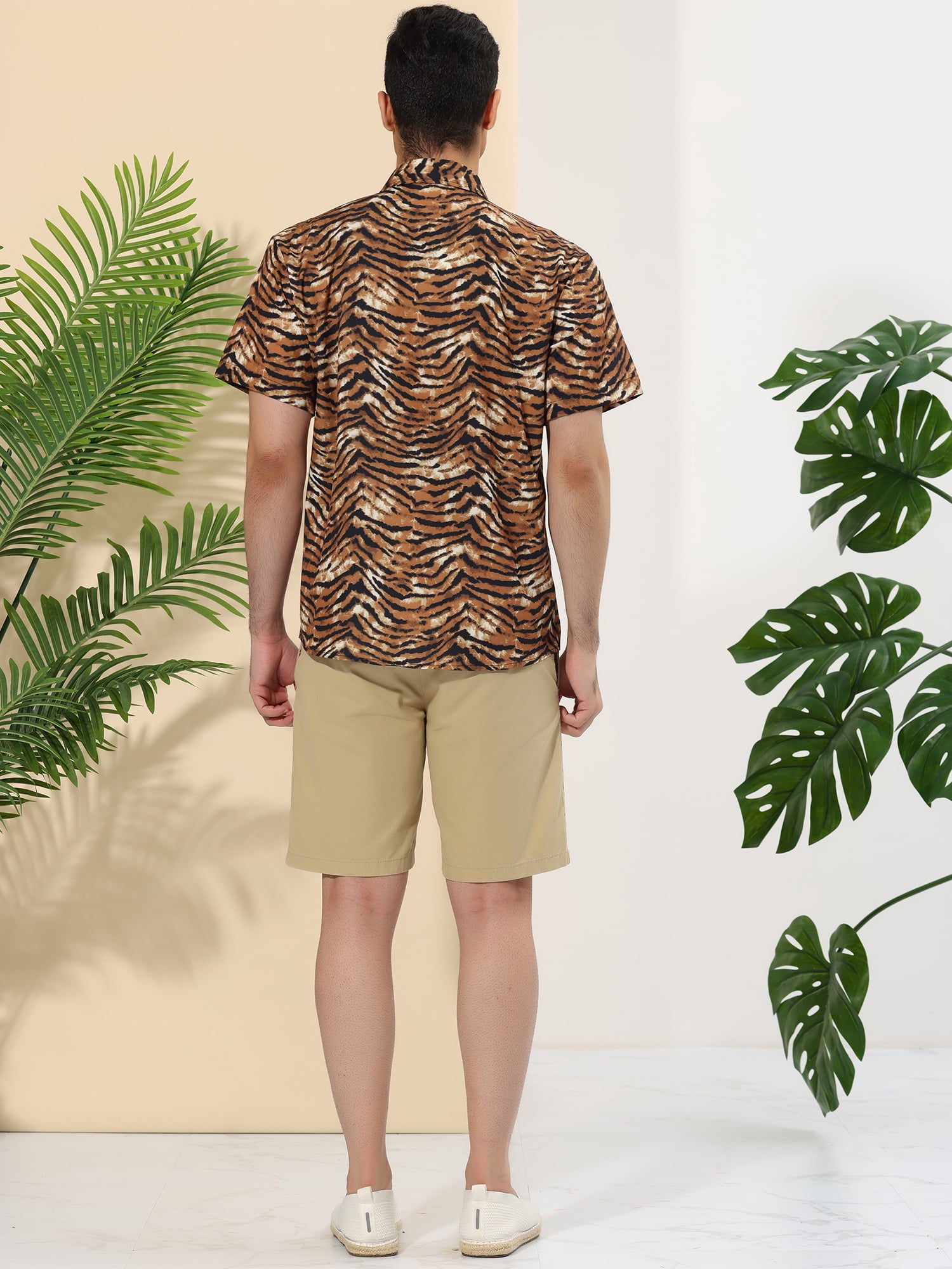 Unique Bargains Men's Animal Print Short Sleeves Casual Summer Printed Shirts S Tiger Print