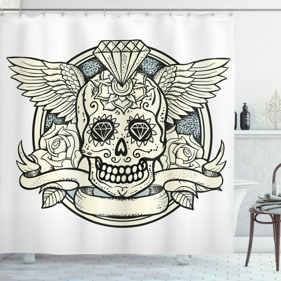 Ambesonne Sugar Skull Shower Curtain, Calavera Diamond, 69"Wx75"L, Cream Grey Black