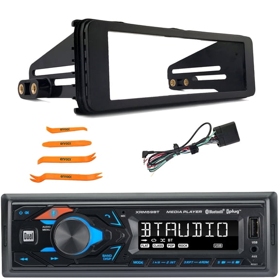 Dual XRM59BT Single DIN Bluetooth USB/AUX AM/FM Radio Digital Media Receiver, 4-Piece Removal Pry Tool Set, Single-DIN Stereo Install Kit Fits 1998-2013 Harley Davidson Motorcycles Models, HD Touring
