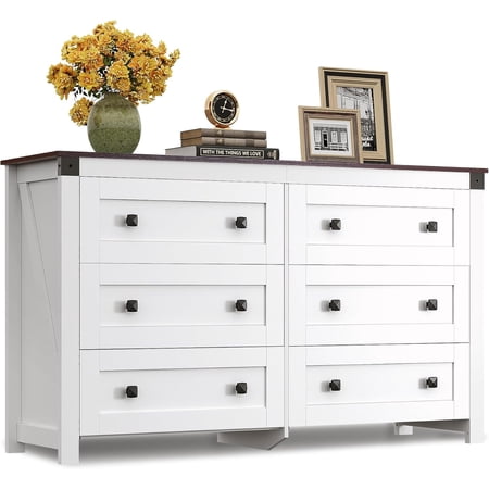 WLIVE Farmhouse 6 Drawer Dresser for Bedroom, 53.07'' Wide Wood Dresser, White Dressers Storage Organizer with Double Rustic Handle, TV Stand for 60 inch TV, Chest of Drawers for Living Room, Hallway